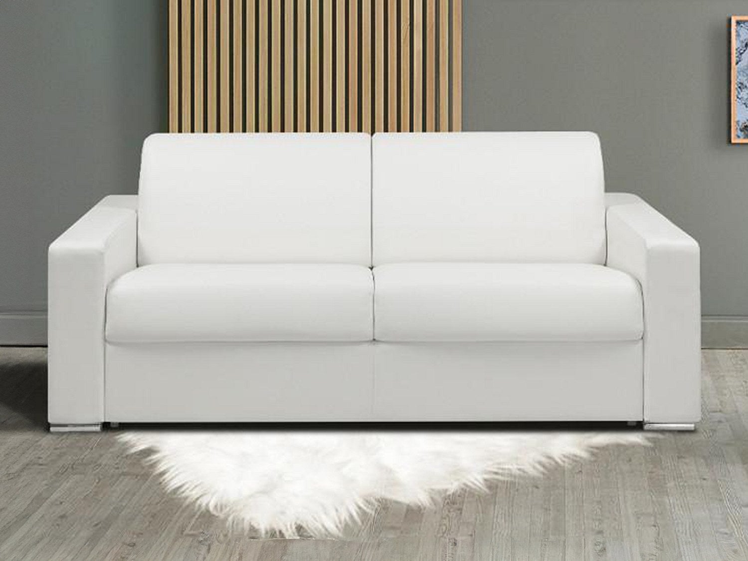 Kanapa 3-osobowa z ekspresowym mechanizmem rozkładania z ekoskóry CALITO - Kolor: biały - Wymiary miejsca do spania: 140 cm - Materac 22 cm
