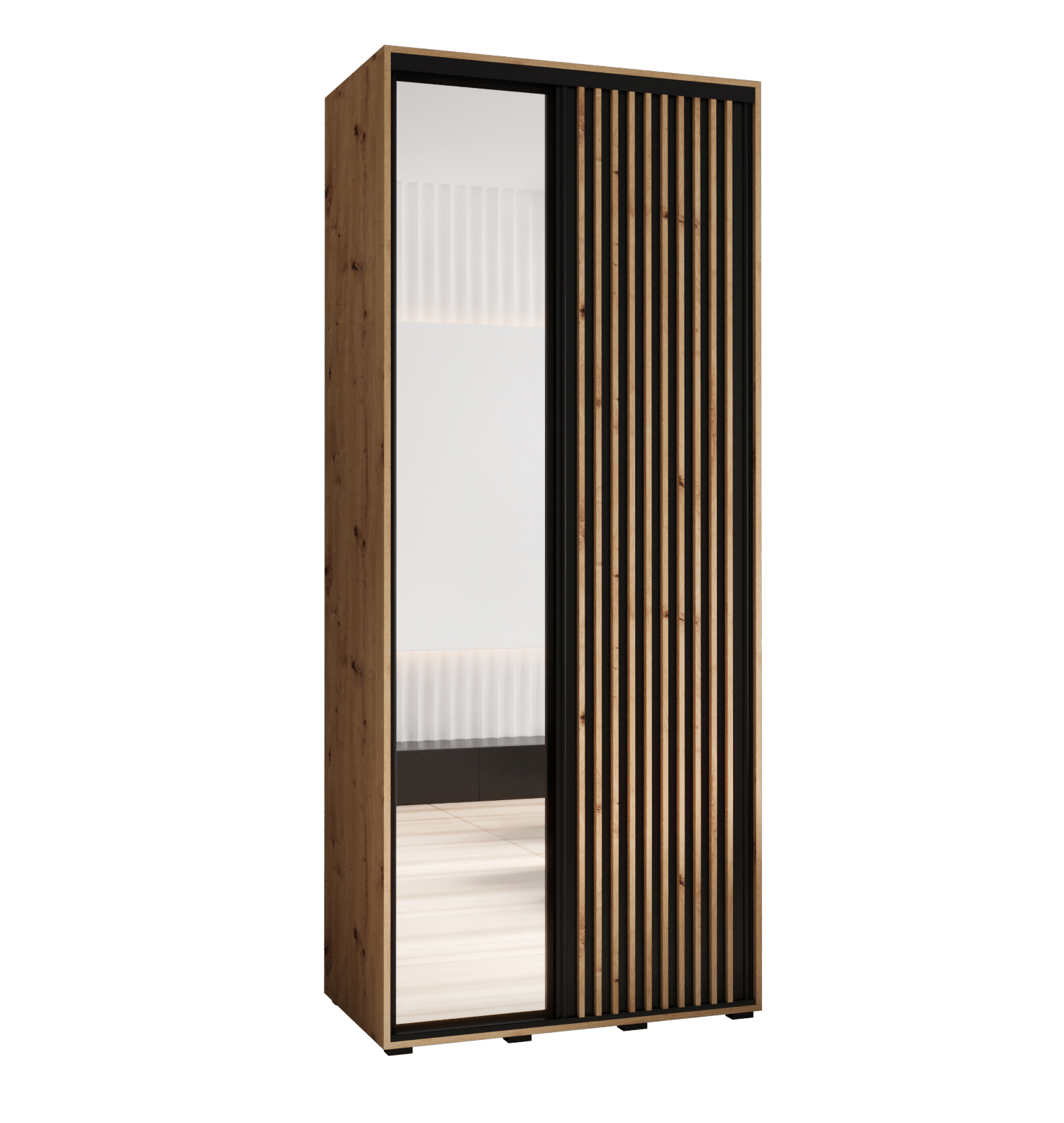 Szafa przesuwna z lustrem wysoka Lanko 2 110 x 45 x 235,2 cm artisan + czarny + lamele artisan - Abiks Meble