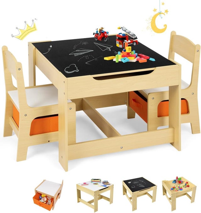 Ensemble Table et Chaises Enfant, Table Transformable 3-en-1 Multifonctionnel à Double Face, 2 Chaise avec Tiroir de Rangement, Naturel