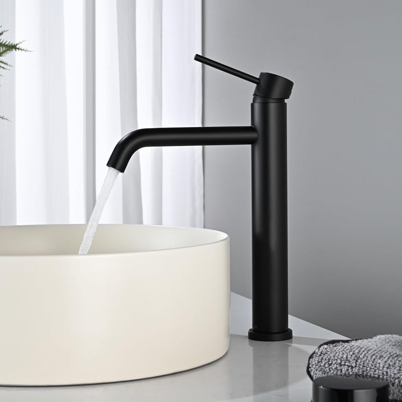 Wysoka bateria umywalkowa, bateria łazienkowa jednouchwytowa, bateria umywalkowa nablatowa z regulacją przepływu wody ciepłej i zimnej (czarna)