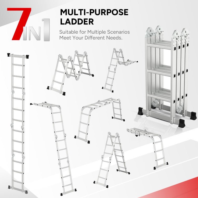 Échelle multifonctionnelle OUTIGO, 7 en 1, pliable, en aluminium, avec 2 roues, charge maximale 150 kg, 12 marches. - 3
