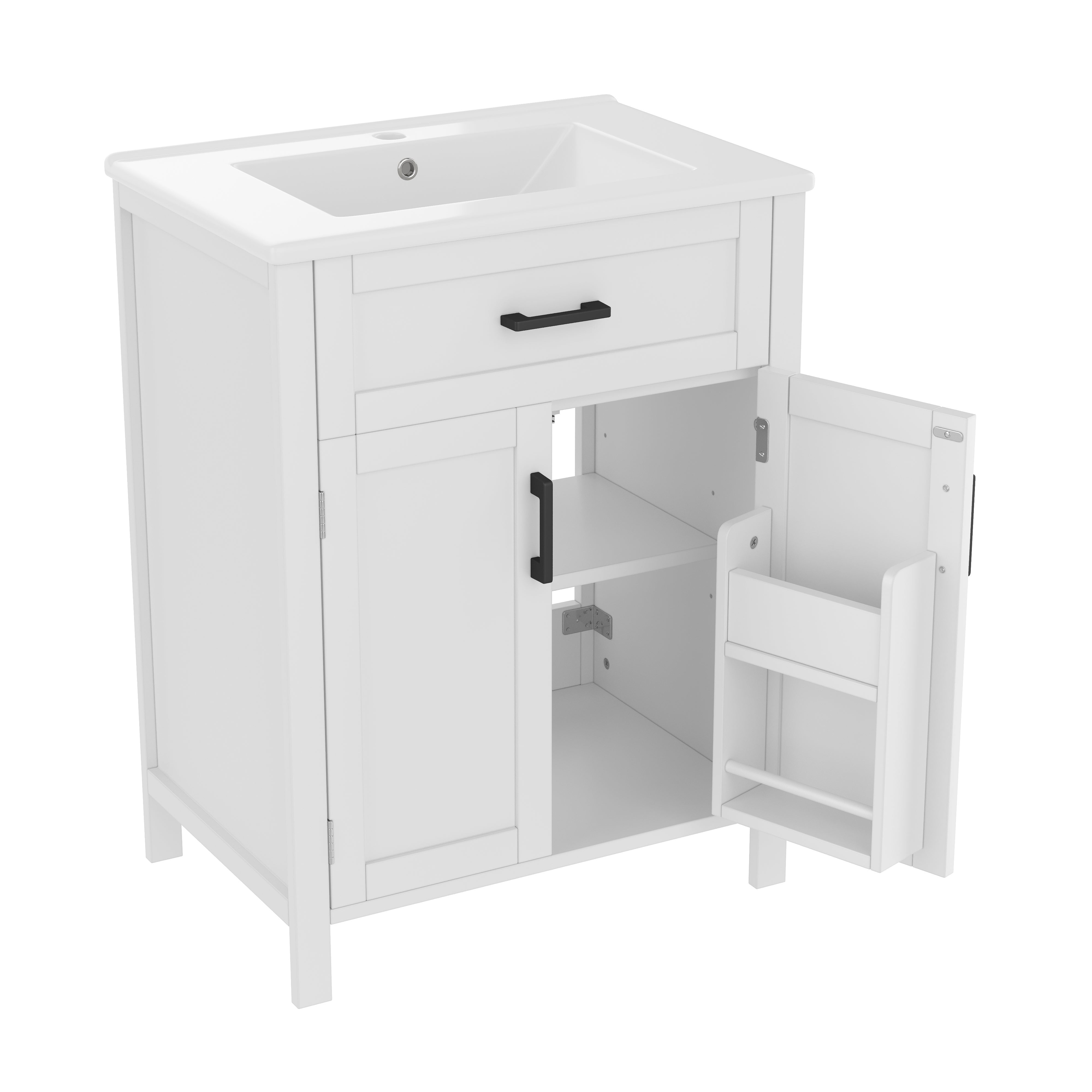 Meuble de salle de bain sur pied - avec une vasque en céramique - 2 portes - 60x46x85cm - Blanc(robinet non inclus) - 7