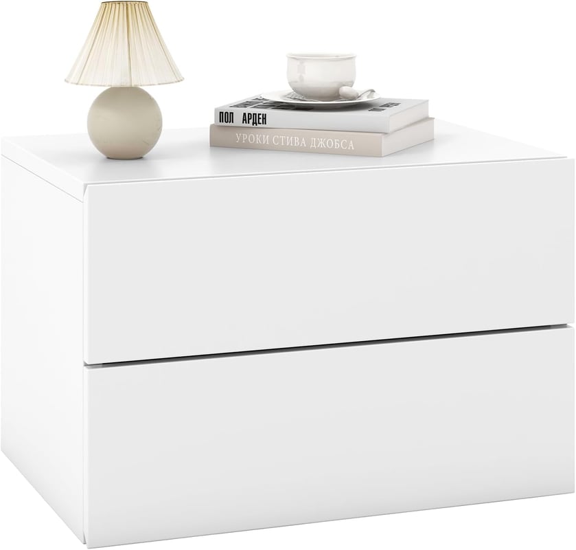 Stolik nocny wiszący, regał ścienny z 2 szufladami, stolik pomocniczy montowany na ścianie, szafka nocna do salonu, sypialni, 42 x 30 x 28 cm (biały)