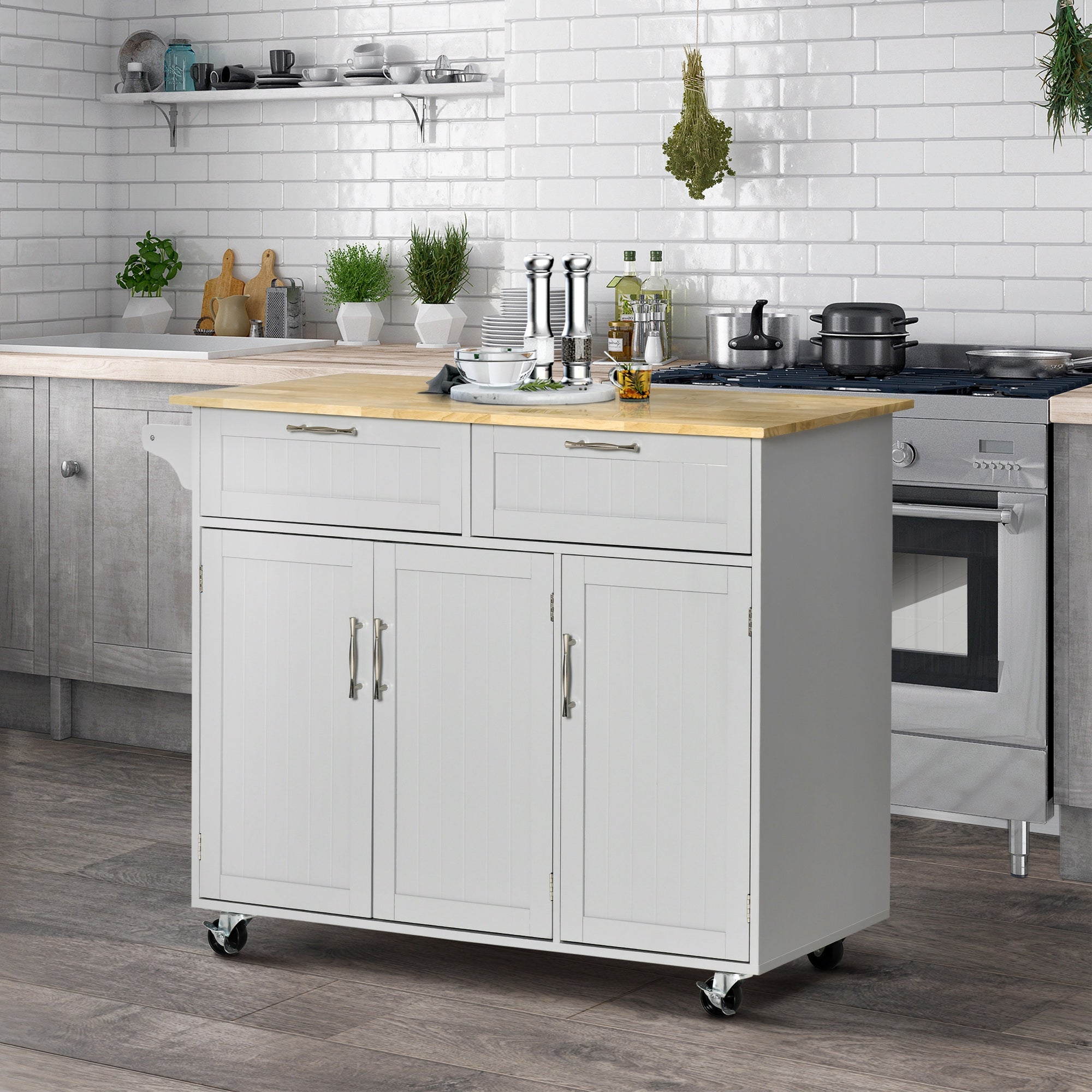 Isla de Cocina HOMCOM MDF, Madera de Caucho Gris 121x46x91 cm - 2
