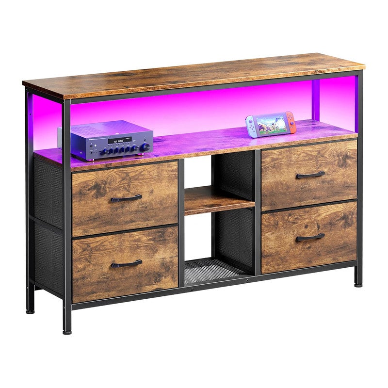 Meuble TV, 108x30x78cm, avec bande lumineuse LED et 4 tiroirs en tissu rétro, pieds réglables en hauteur, structure en fer, meuble tele - 7