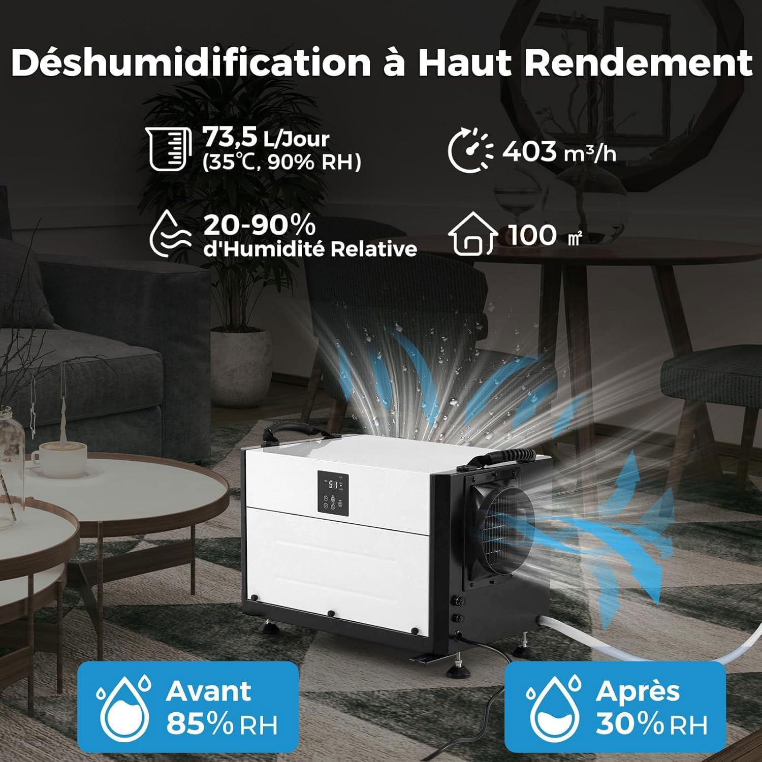 Déshumidificateur 73,5L/Jour, Débit d'air 403m³/h, Déshumidificateur d'air 20%-90% Humidité, 2 Modes Installation pour Zone 100㎡ (73,5L/Jour,Blanc) - 2