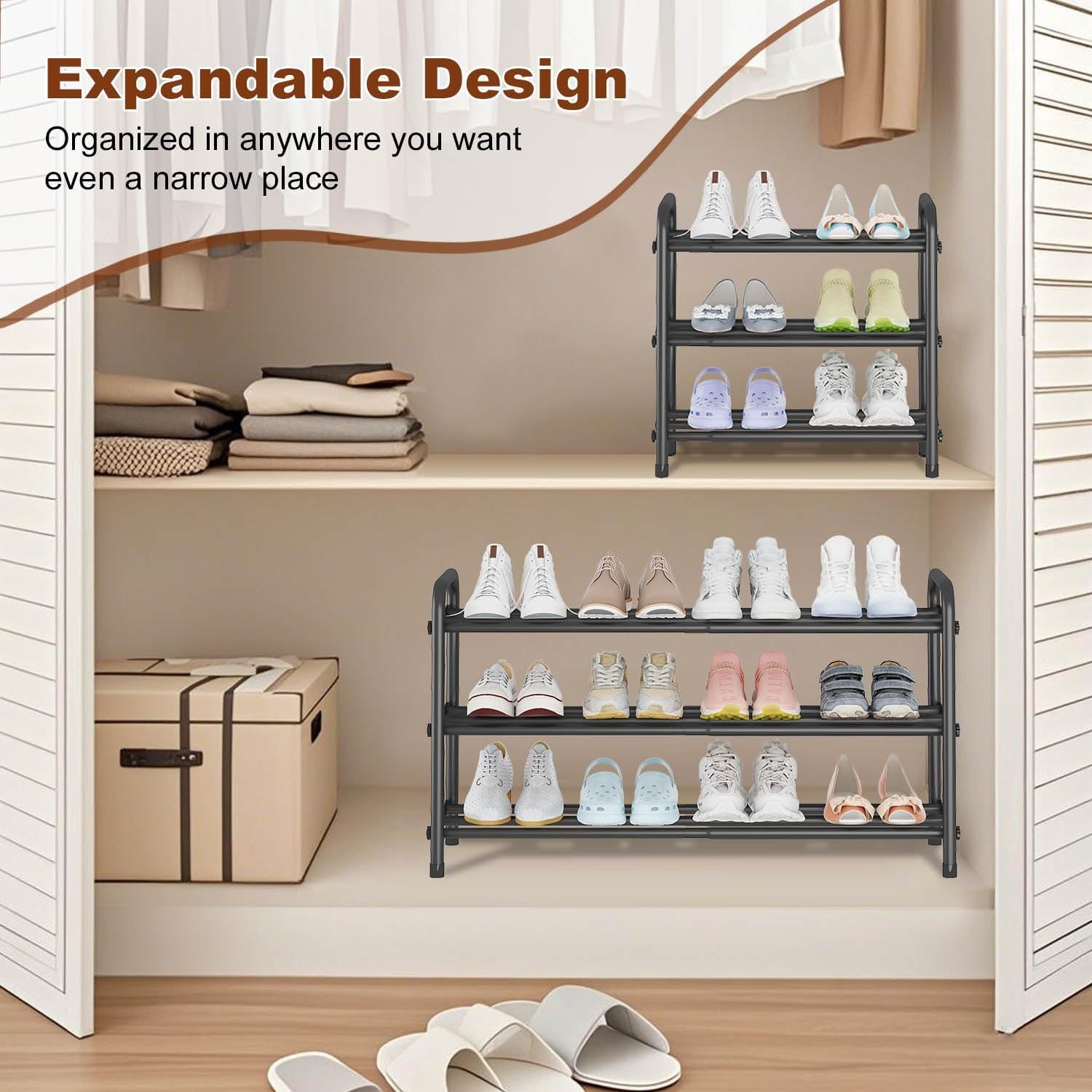 Scarpiera a 3 ripiani, scarpiera per guardaroba, scaffale in metallo retrattile, adatto per camera da letto, ingresso, guardaroba, garage - 3