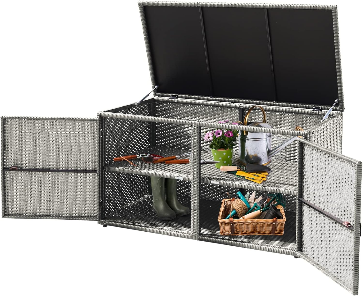 Skrzynia do Przechowywania z Rattanu PE z 2 Półkami, 115 x 60 x 65 cm, Pojemnik do Przechowywania z Pokrywą na Zawiasach i 2 Drzwiami (Szary)