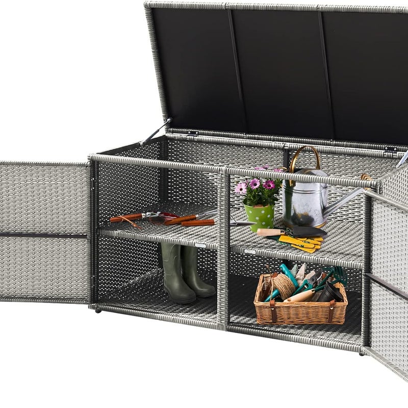 Skrzynia do Przechowywania z Rattanu PE z 2 Półkami, 115 x 60 x 65 cm, Pojemnik do Przechowywania z Pokrywą na Zawiasach i 2 Drzwiami (Szary)