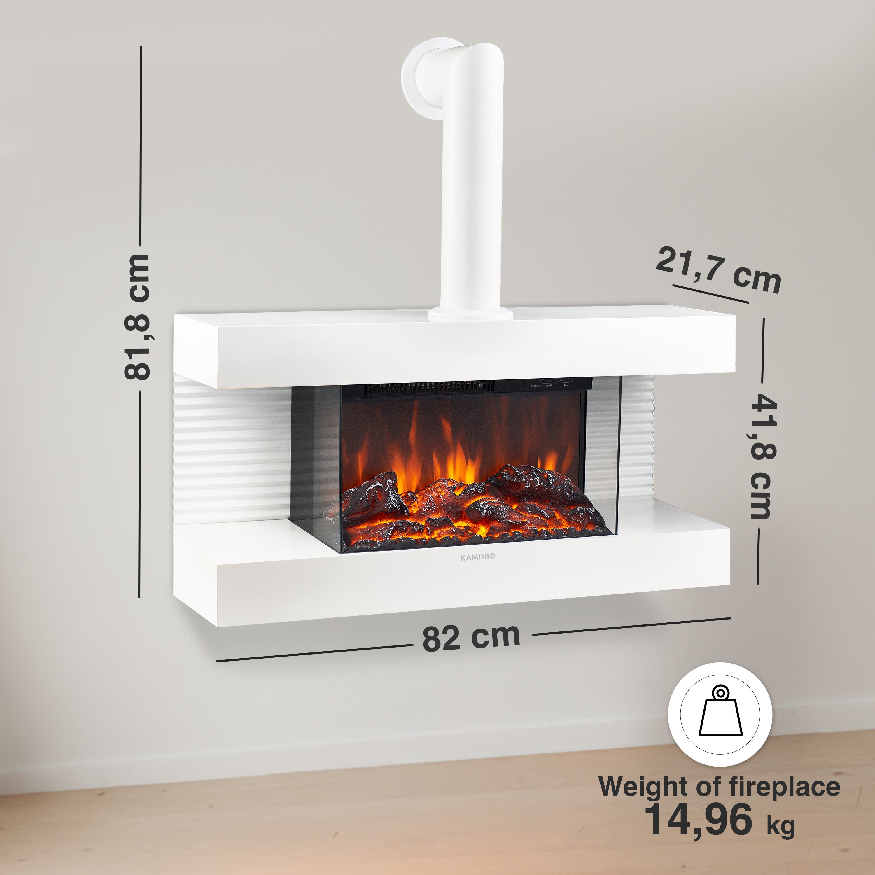 KAMINIO Chimenea eléctrica LIZ con tubo de chimenea - Chimenea de pared con calefacción, llama 3D, luz ambiental, control remoto - Blanco - 6