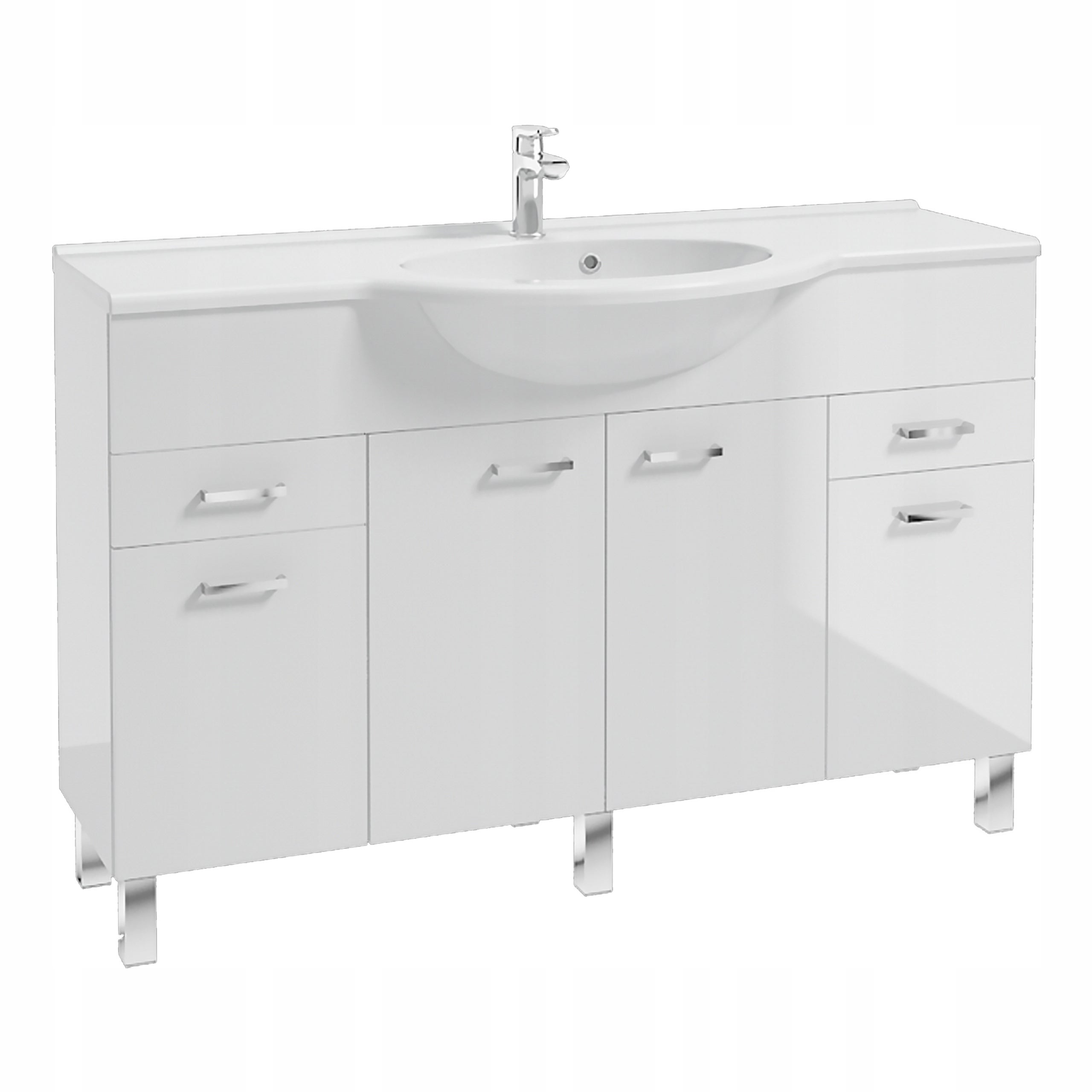 Szafka Łazienkowa z Umywalką 130 cm Biała Połysk 2 Szuflady Stojąca