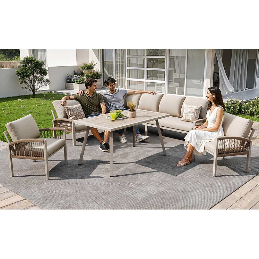Sofá de jardín en L para 8 personas con estructura de metal, cojines beige, mesa con vidrio efecto madera y 2 sillones trenzados, resistente al clima - 5