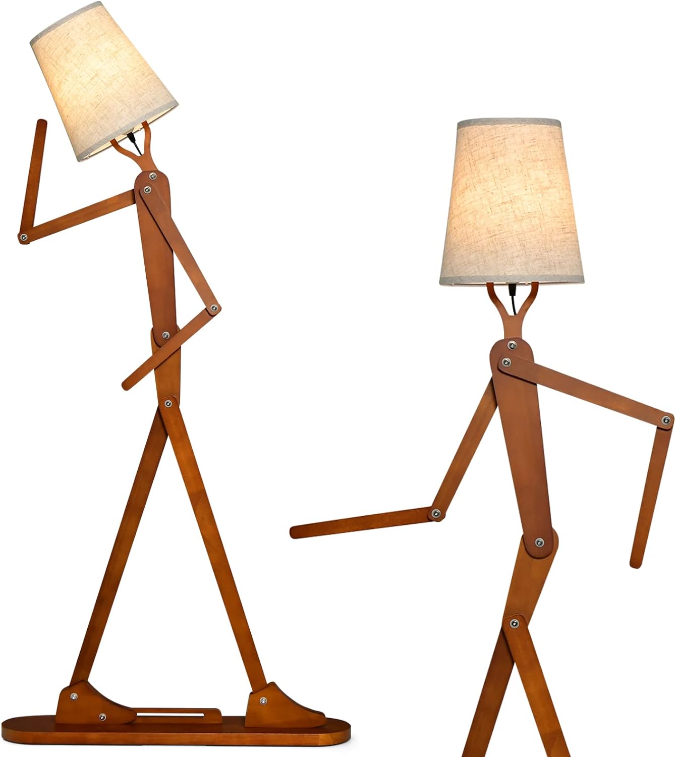 Ozdobna Lampa Stojąca o Wysokości 160 cm w Kształcie Ludzkiej Sylwetki, Drewniana Lampa z Regulacją Przegubów, Zmienny Kształt, Brązowy
