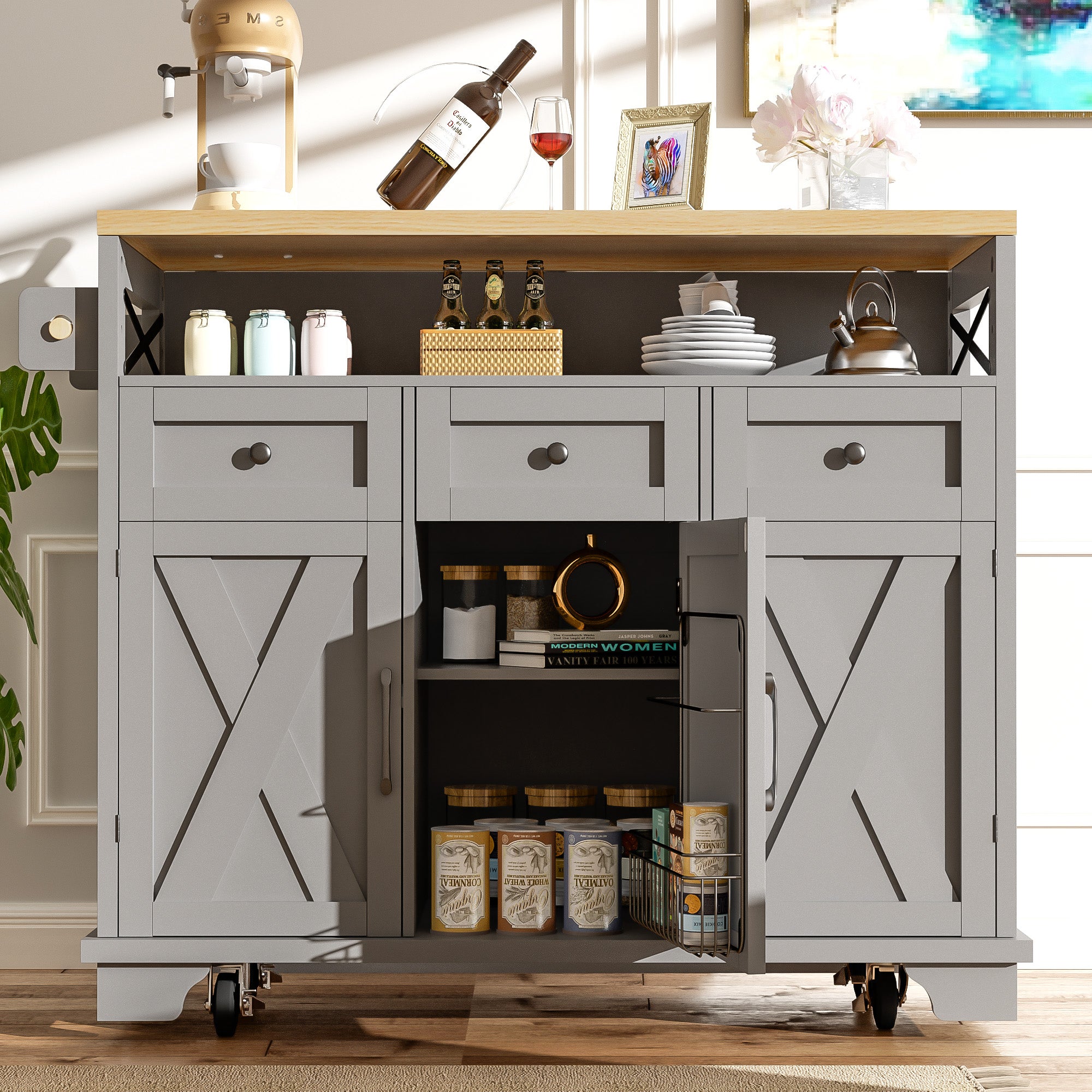 Îlot De Cuisine Mobile 118x43x98 Cm - Avec Rangement, Roulettes, Plateau Extensible - 2