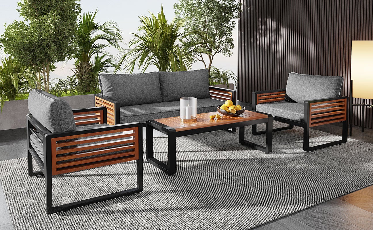 Salon de jardin en fer galvanisé : 1 Canapé 2 places + 2 fauteuils + 1 table basse - Marron et gris - 4