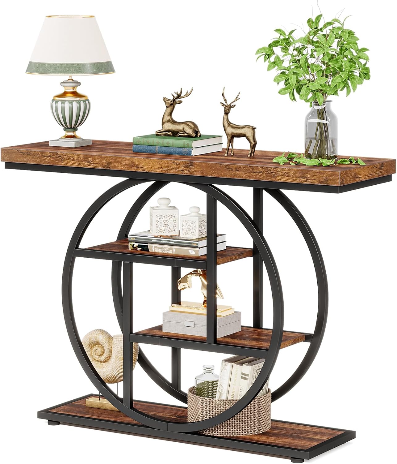 Konsola wejściowa Tribesigns Narrow 105 cm z 4 półkami, stolik za sofą z okrągłą podstawą do salonu i przedpokoju