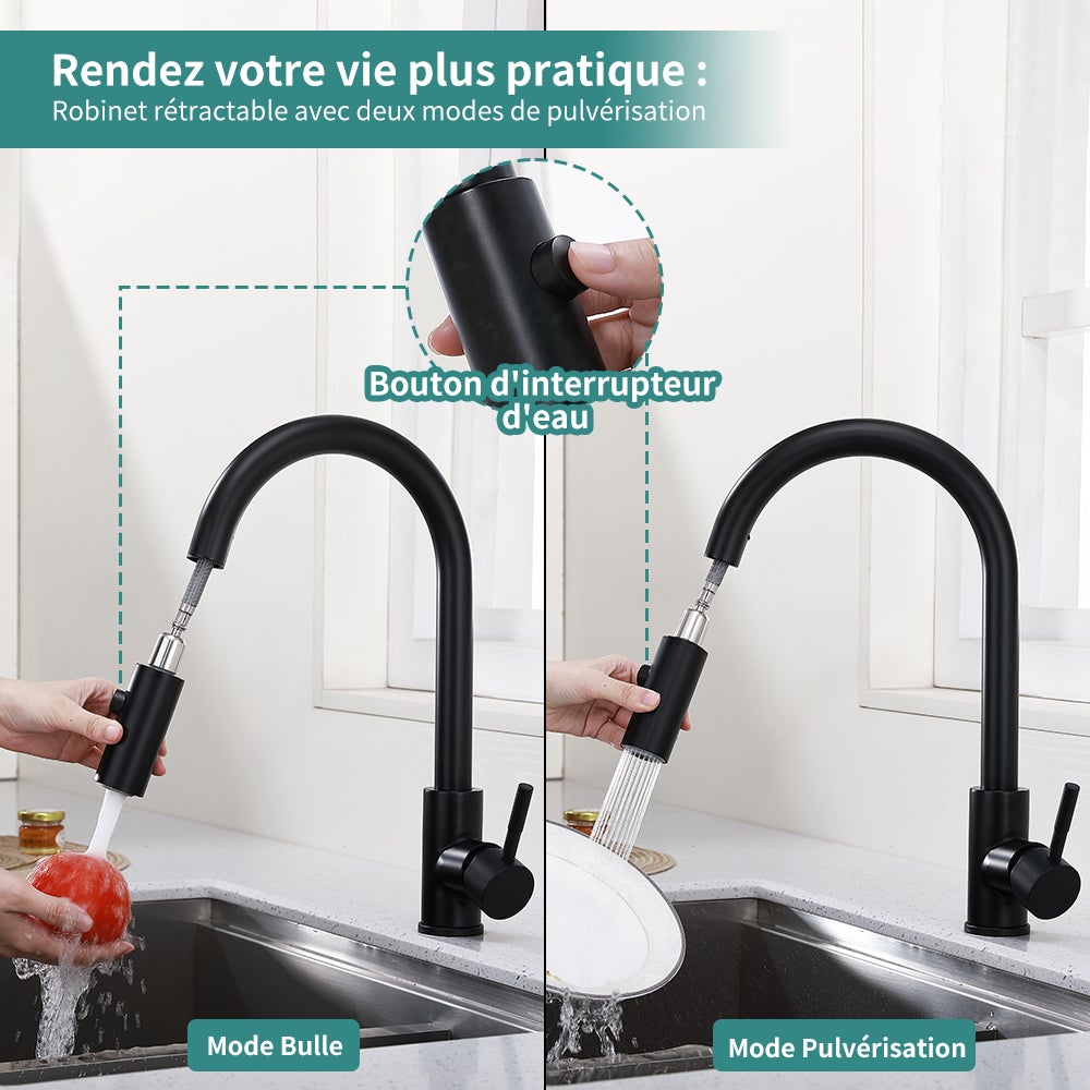 évier De Cuisine Noir Mat, Robinet De Cuisine à 2 Modes Avec