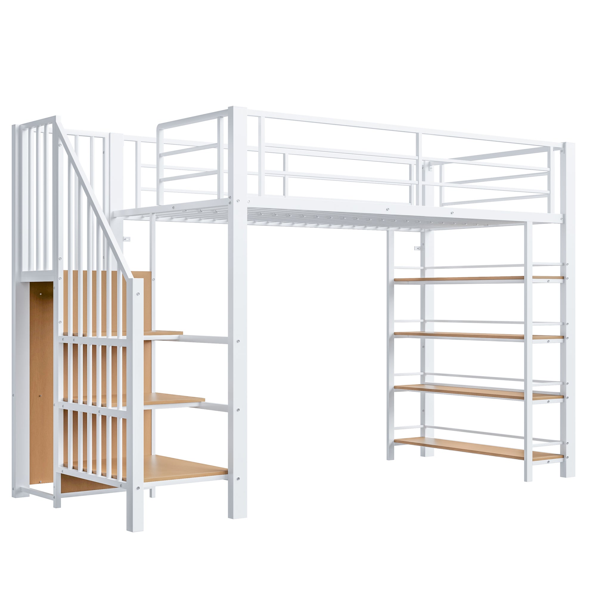 Letto a castello 90x200, con scaletta di sicurezza, spazio di archiviazione e piccolo armadio, ripiani, letto singolo, letto per ragazzi, bianco - 9