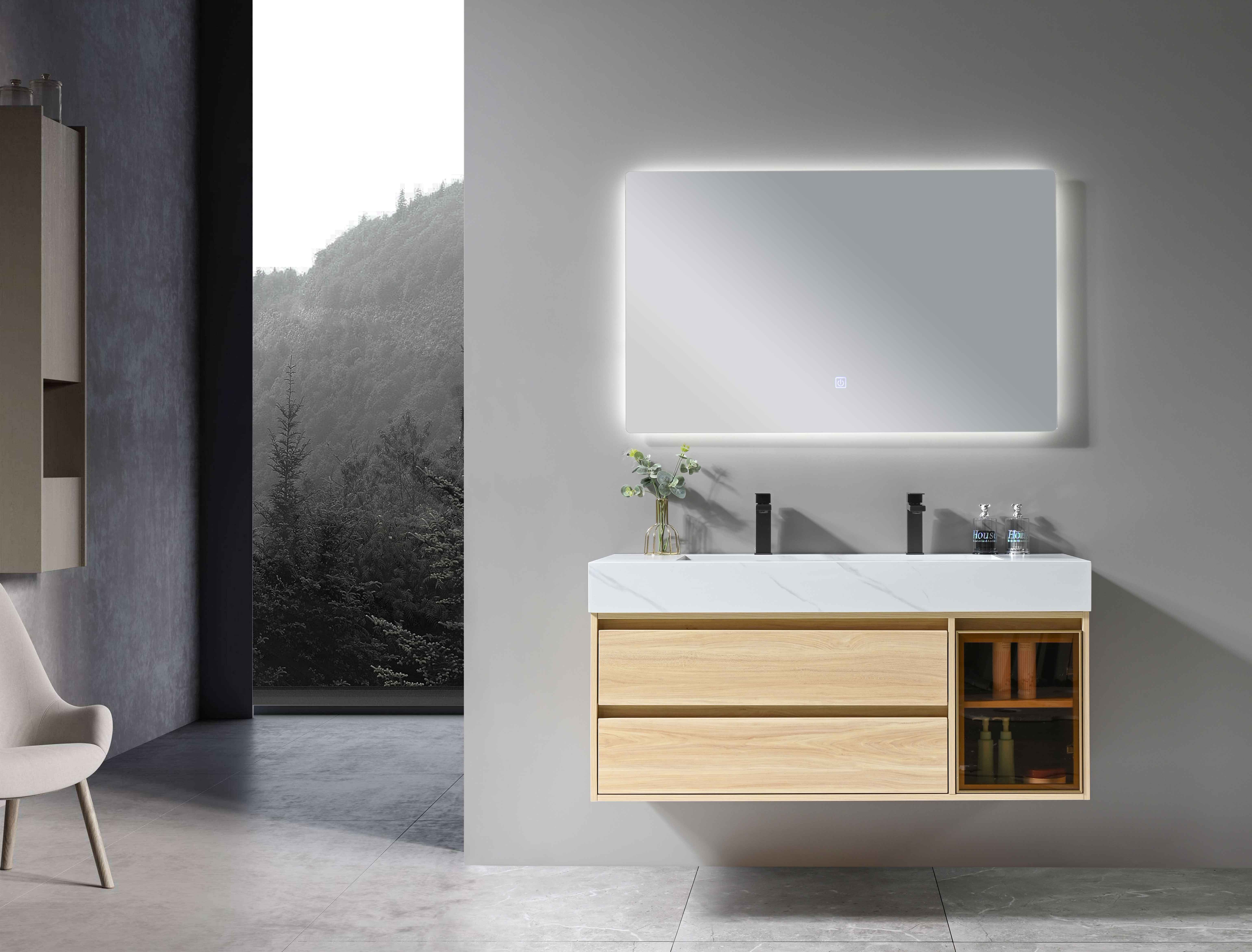 LuxuryBain- Meuble de salle de bain double vasque 120cm bois et blanc effet marbre avec miroir LED LB-8512 - 2