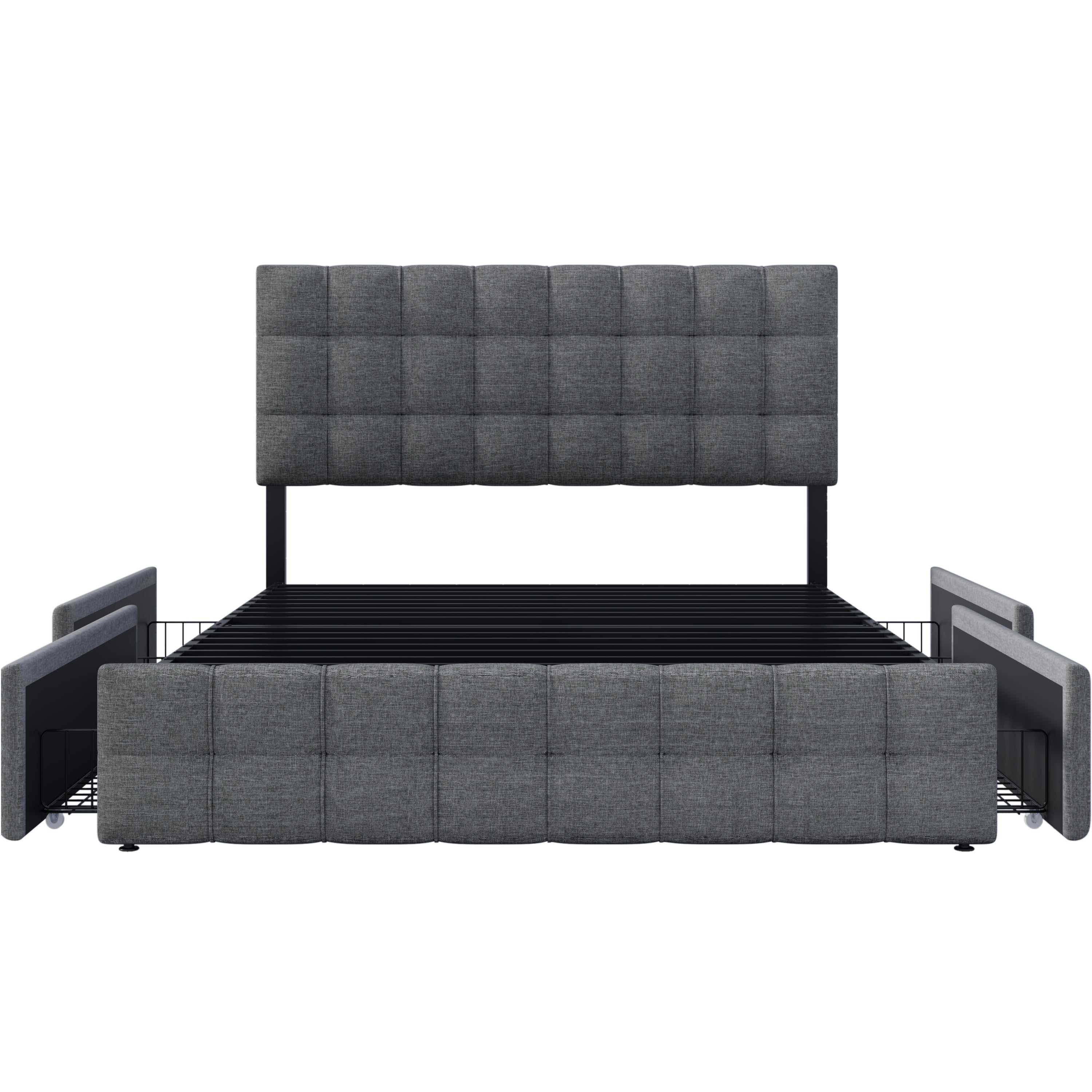 Cama estofada em linho com 4 gavetas - cabeceira ajustável + base metálica - 140x200cm - Cinza - 6