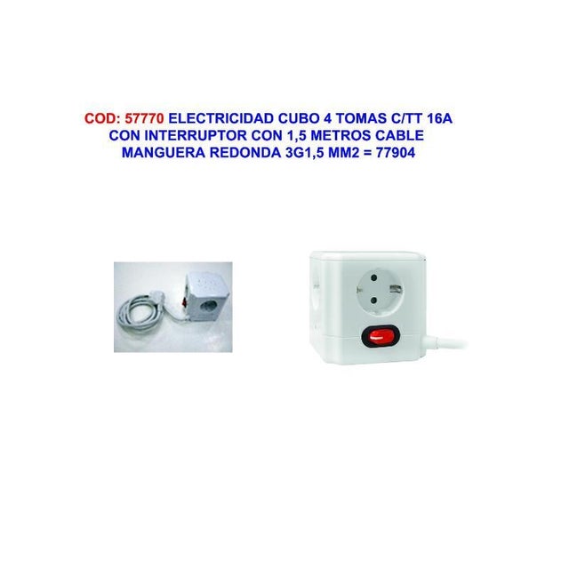 Cube 4 prises avec prise de terre 16A, câble 3G1,5 m, 3 m