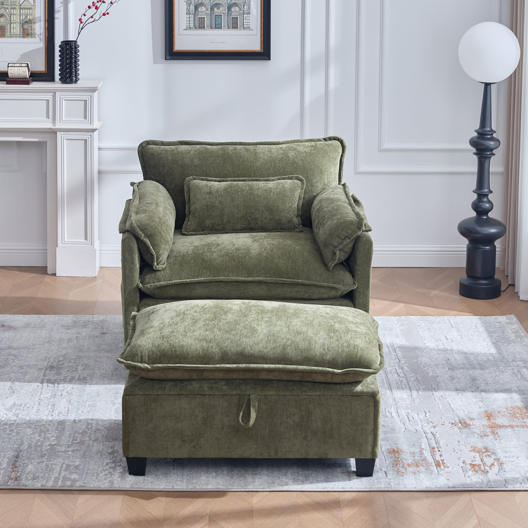 Fauteuil Relax , 3 Places Avec Coussins Et Accoudoirs À Poches Revêtement Chenille Vert - 2