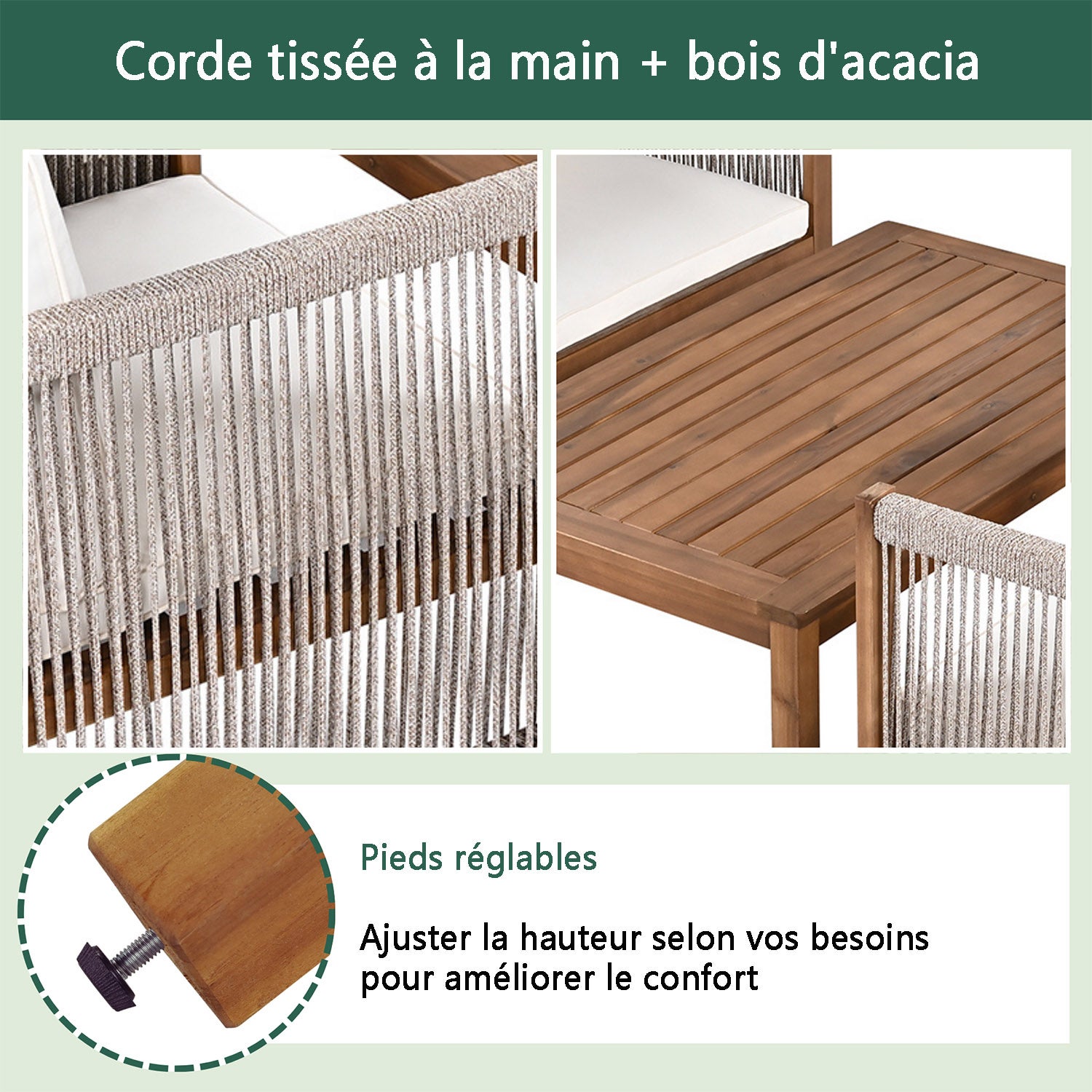 Zestaw mebli ogrodowych ze stali dla 4 osób – sofa – 2 fotele i stolik kawowy – z plecionej liny i drewna akacjowego – beżowy - 8