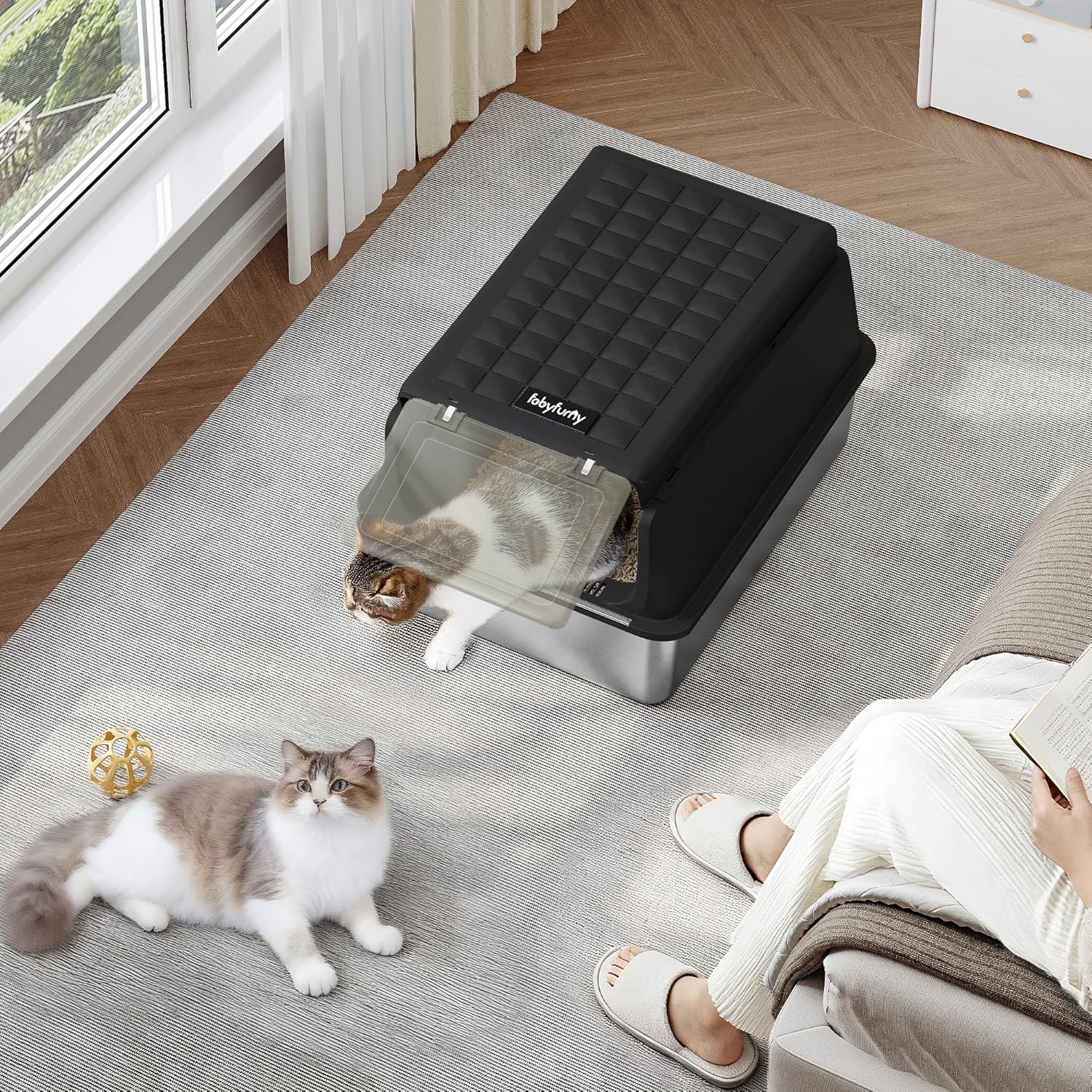 Caixa de areia para gatos em aço inoxidável com tampa, tabuleiro para areia para gatos, com pá e degrau, tampa articulada a 120°, preta. - 7
