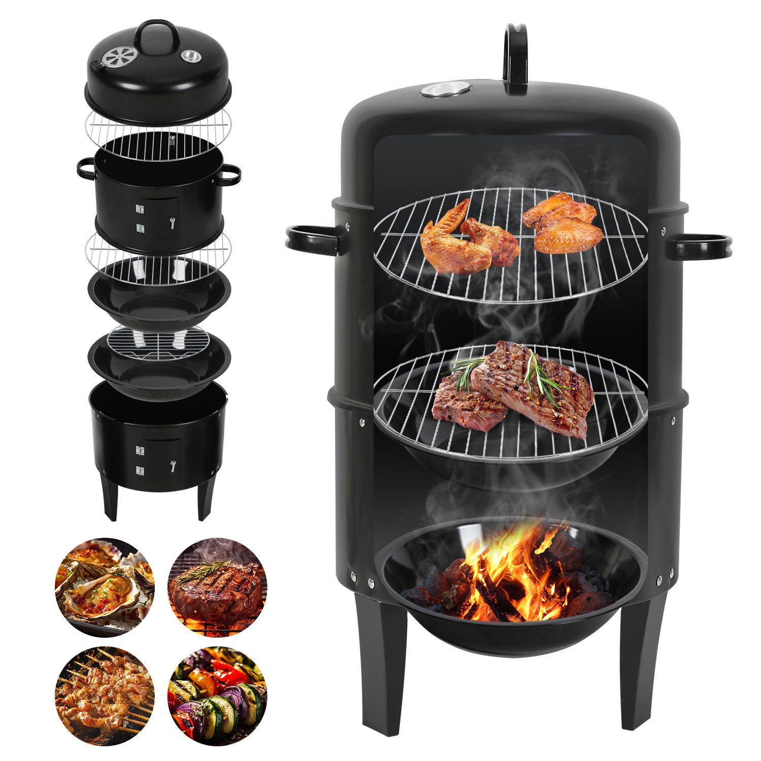 Wędzarni 3 w 1 Smoker Grill węglowy BBQ z termometrem Regulacja dopływu powietrza, pojemnik na wodę, 3 ruszty do grillowania 40 x 80 cm
