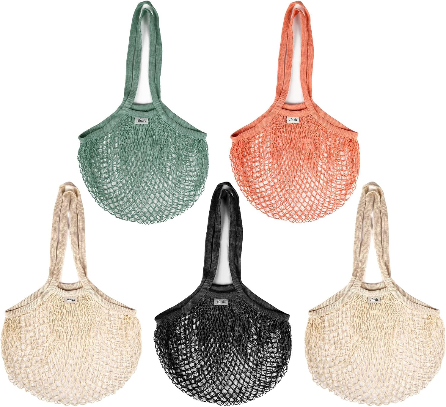 Wielorazowe siatki na owoce, zestaw 5 sztuk, duża siatka 70x43 cm, bawełniana siatka z długim uchwytem