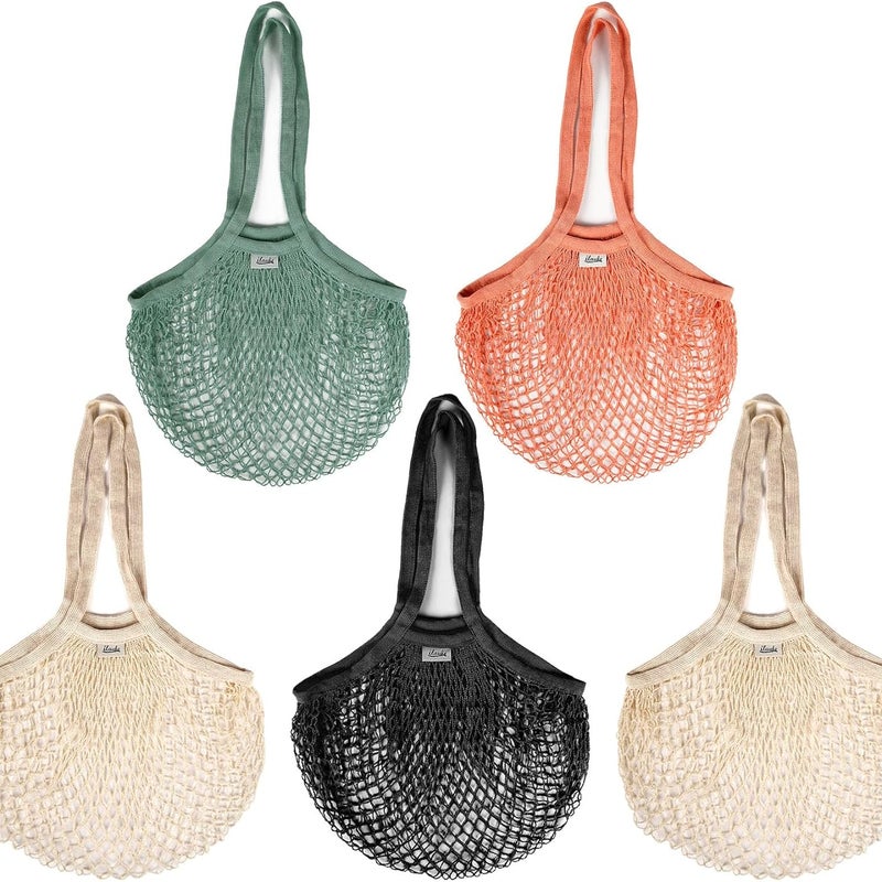 Wielorazowe siatki na owoce, zestaw 5 sztuk, duża siatka 70x43 cm, bawełniana siatka z długim uchwytem