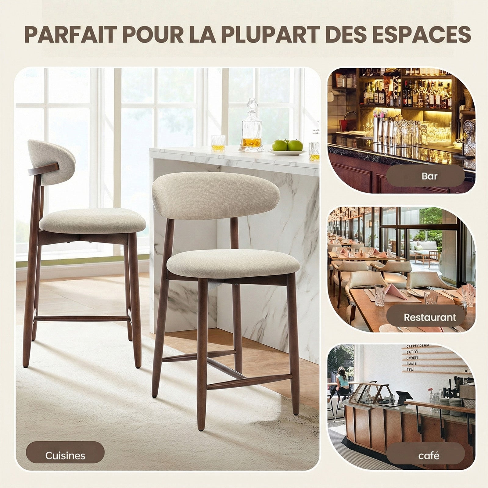 Lot de 2 Chaises de Bar Modernes, Assise Confortable en Tissu, Structure en Bois, Beige - 7