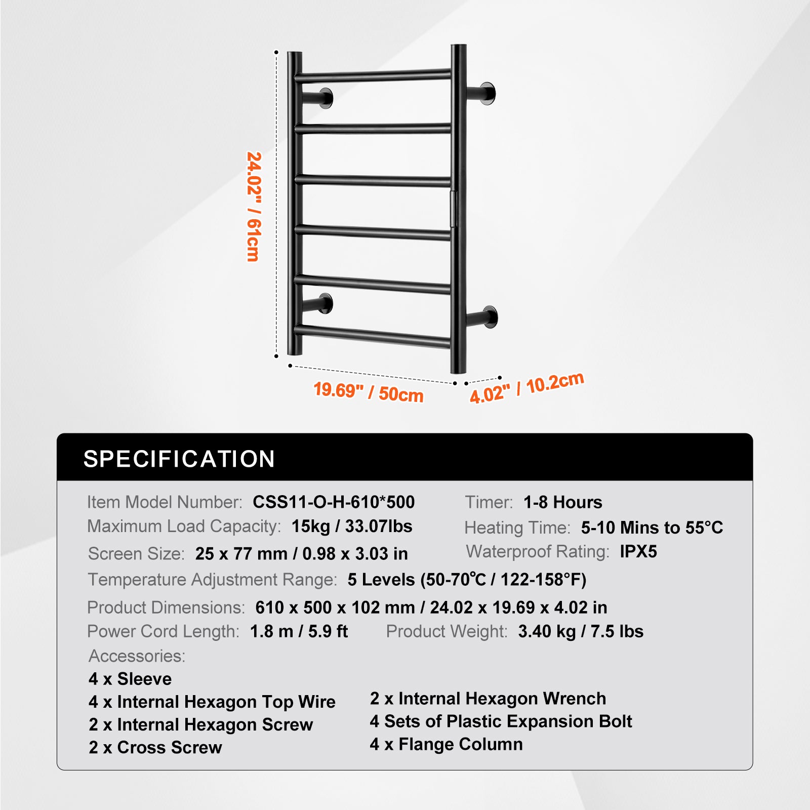 Toalheiro aquecido 6 barras 145W, toalheiro montado na parede com temporizador, display LED, IPX5 à prova d'água, 5 níveis calor ajustáveis SucceBuy - 9