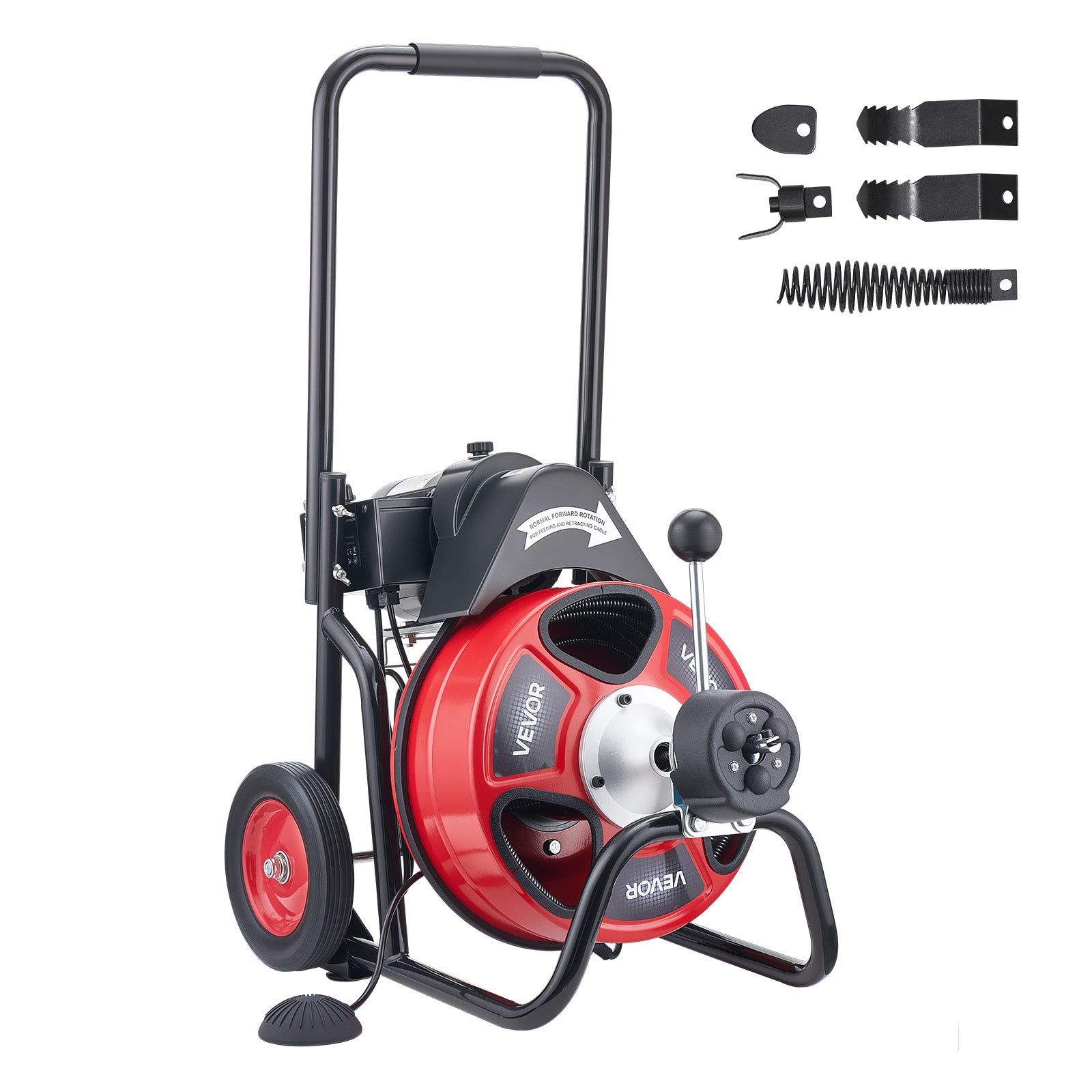 Desfundator electric canalizare VEVOR cablu 30 m x 9,5 mm, mașină desfundat cu roți, construcție robustă, compatibilă cu țevi 50-100 mm