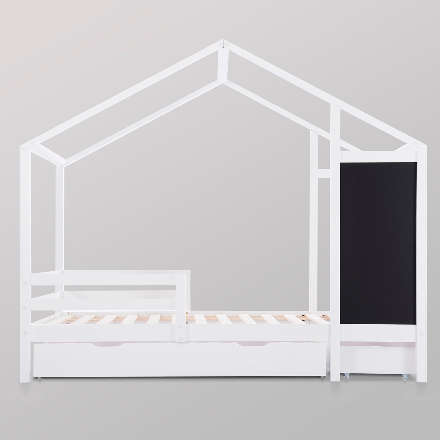 Łóżko dziecięce 90 x 200 cm, Łóżko dziecięce, drewniane łóżko z obrazkiem i 2 szufladami, lite drewno z barierką i podstawą z listew, białe