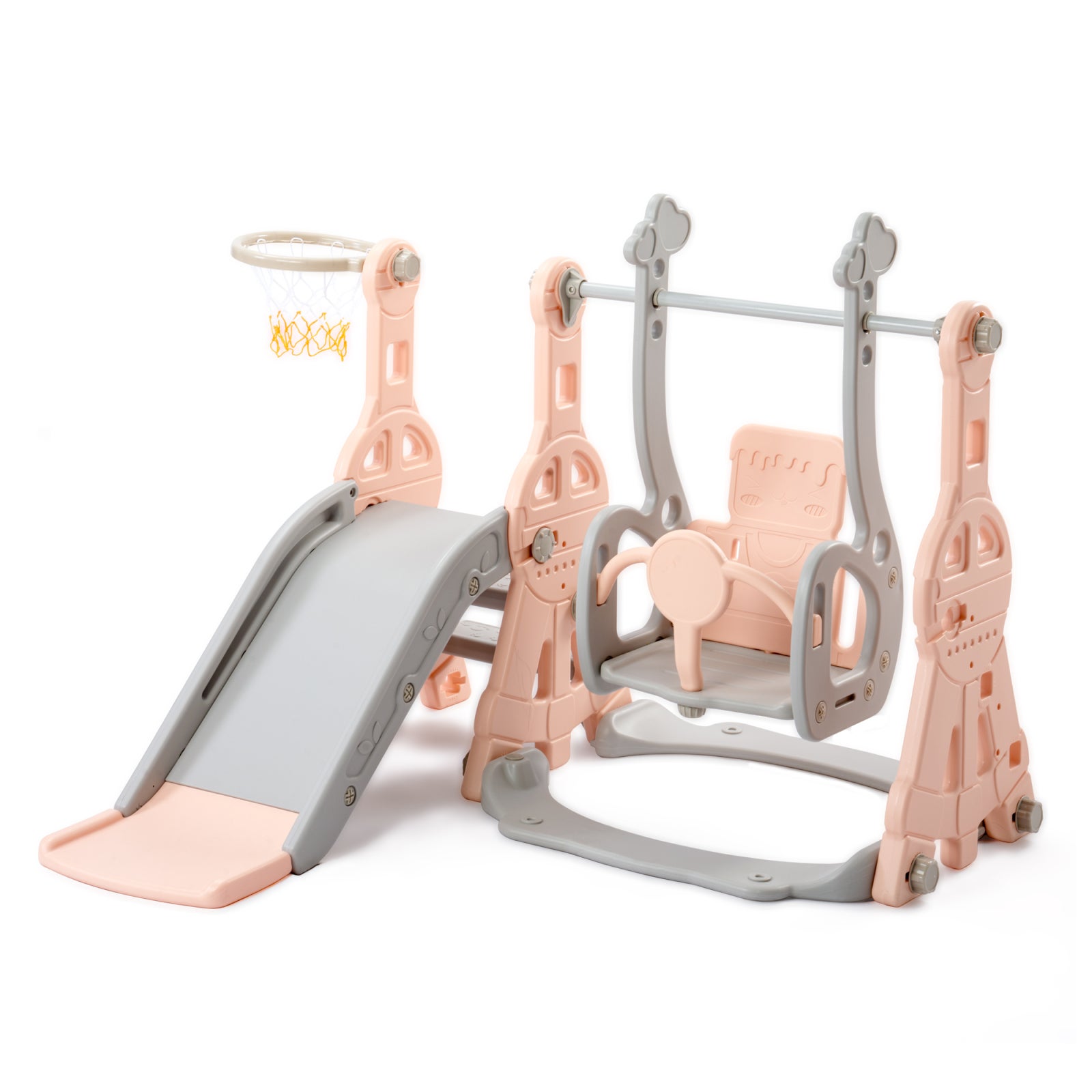 Escorrega infantil 4 em 1 com cesta de basquete - Playground interno e externo, rosa - 9