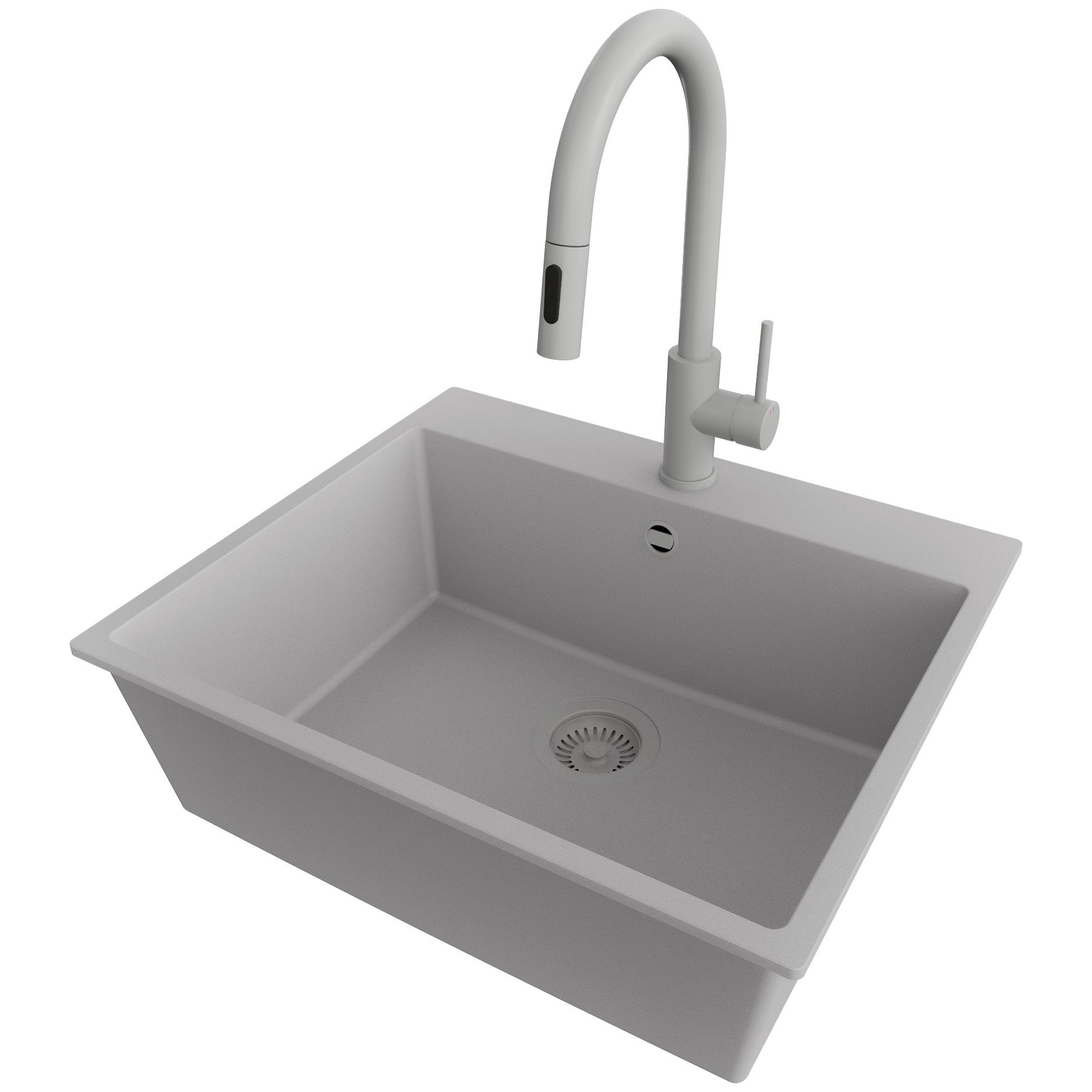 Zlewozmywak Granitowy Szary 58x50cm, Zlew Kuchenny 1 Komorowy + Bateria 40x20cm + Syfon, Nablatowy do szafki od 60cm - Ryga PRIMAGRAN