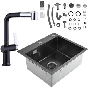 Cecipa max 2 en 1 Évier de Cuisine Inox 1 Bac Noir gris 50 x 45 x 18.5 cm + Robinet de Cuisine Extractible avec 2 modes de sortie d'eau