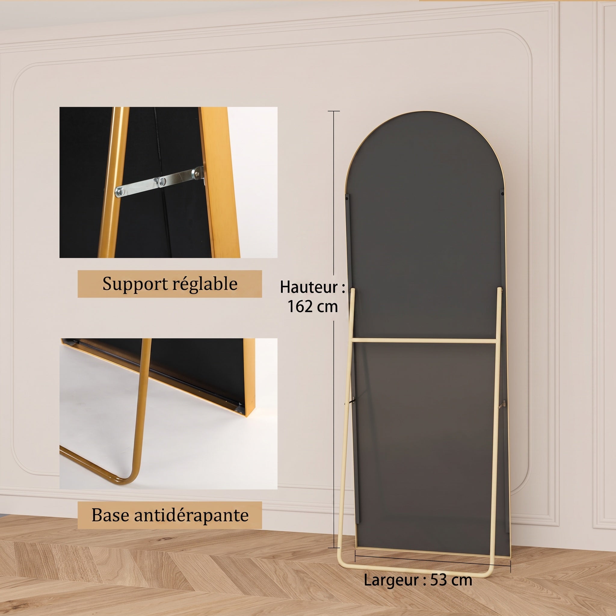 Miroir rond sur pied 162x53 cm - avec cadre en métal, grand miroir sur pied HD pour salon, chambre et dressing - Doré - 6