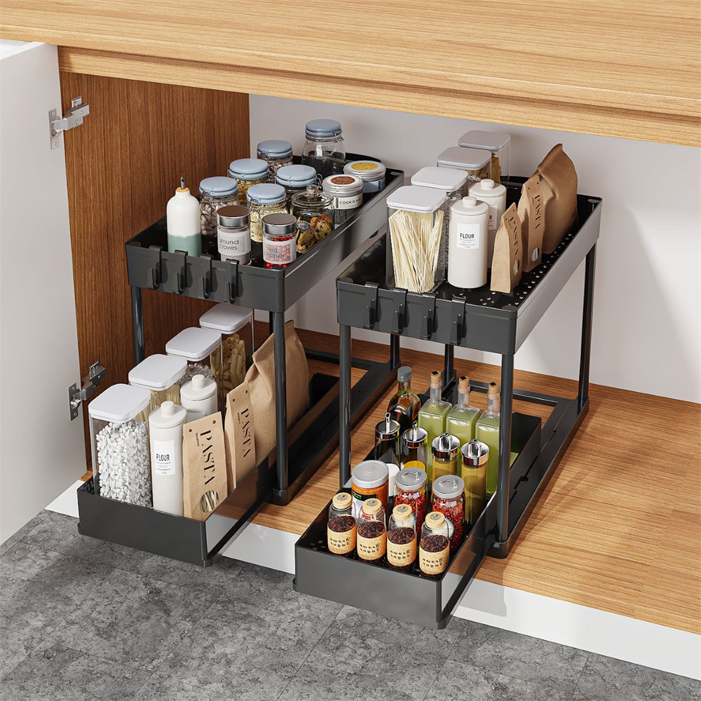 Shiyinge Étagère télescopique à 2 étages sous l'évier - Panier extensible - Meuble de rangement pour évier de cuisine et salle de bain - Grand - Noir