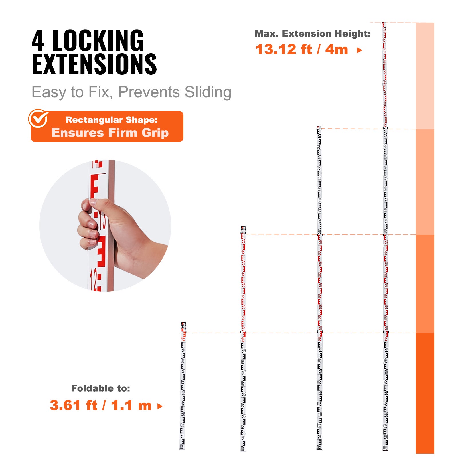 Tige mesure télescopique aluminium 4M,SucceBuy échelle double face (CM/MM),nivellement avec niveau à bulle et sac transport pour maisons,murs,sols - 5