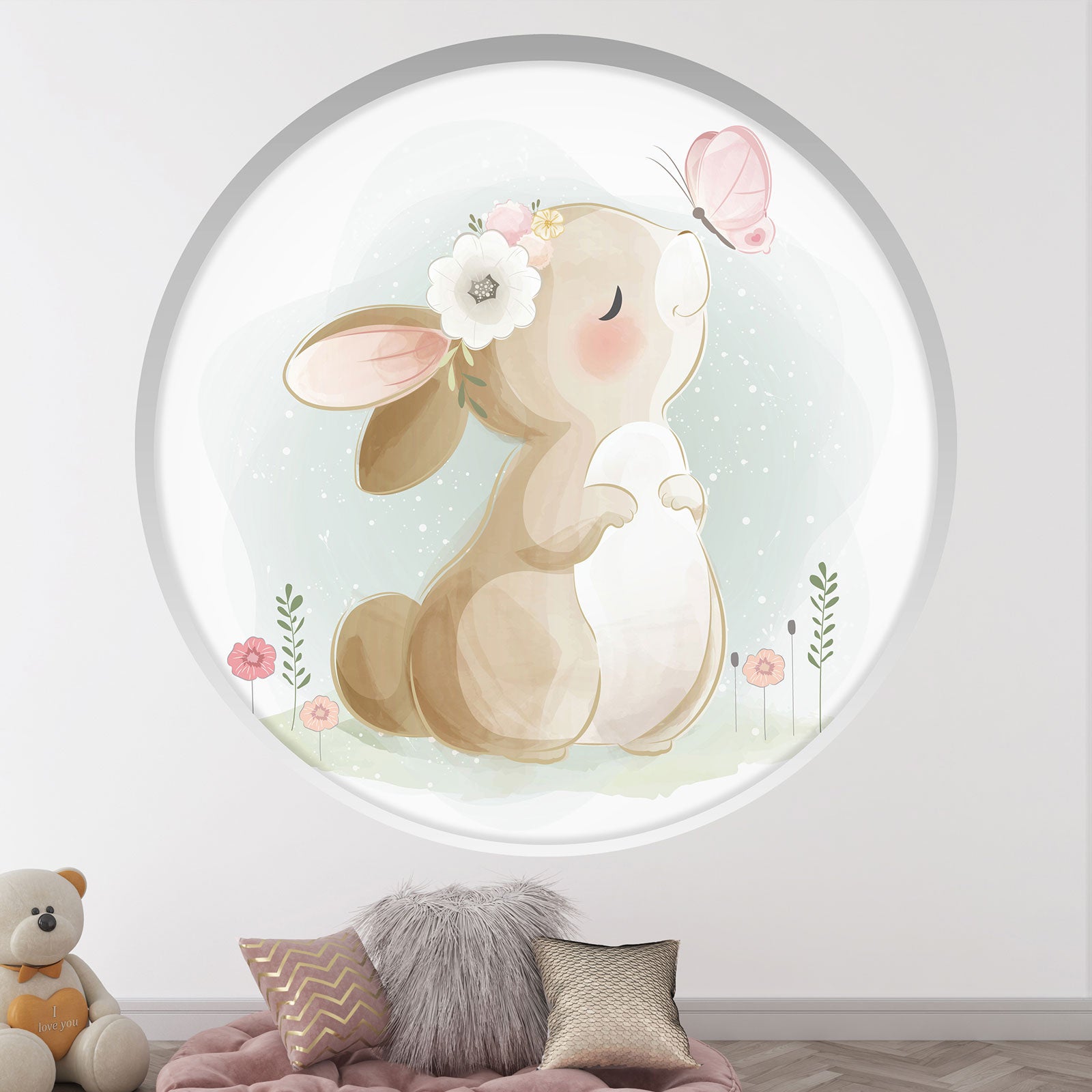 Stickers Trompe l'oeil Arche ronde Enfants - Lapin papillon - Diamètre ...
