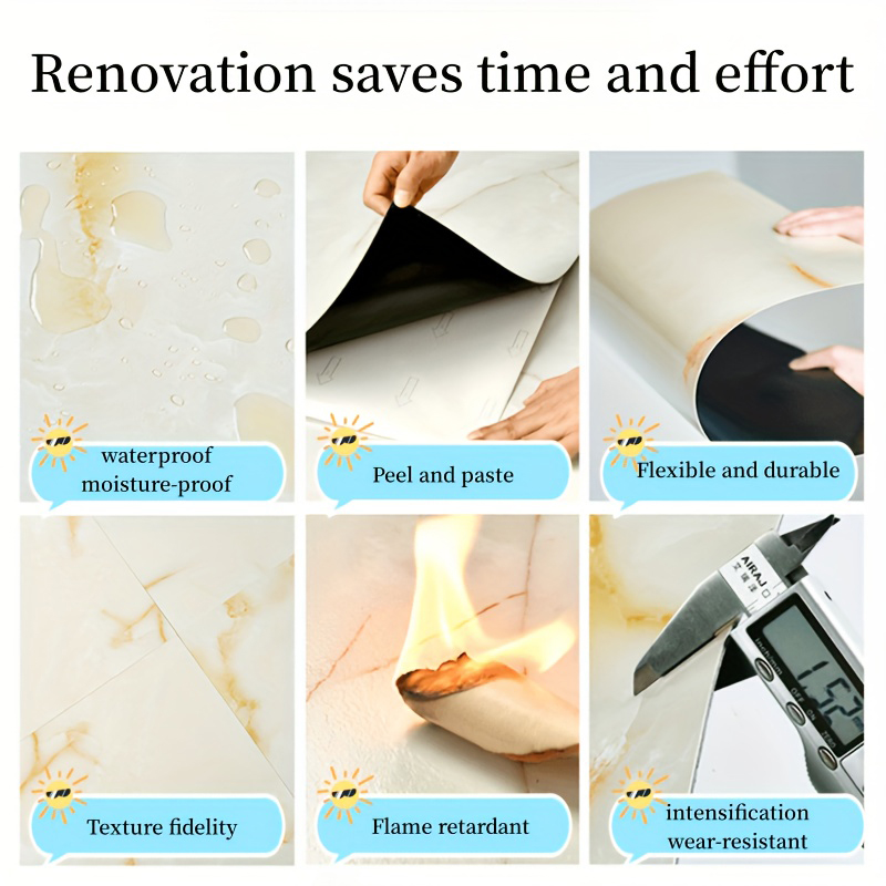 Autocollants de sol auto-adhésifs, 10 pièces, autocollants muraux en marbre de Simulation épaissi, résistants à l'usure et imperméables, noirs - 5