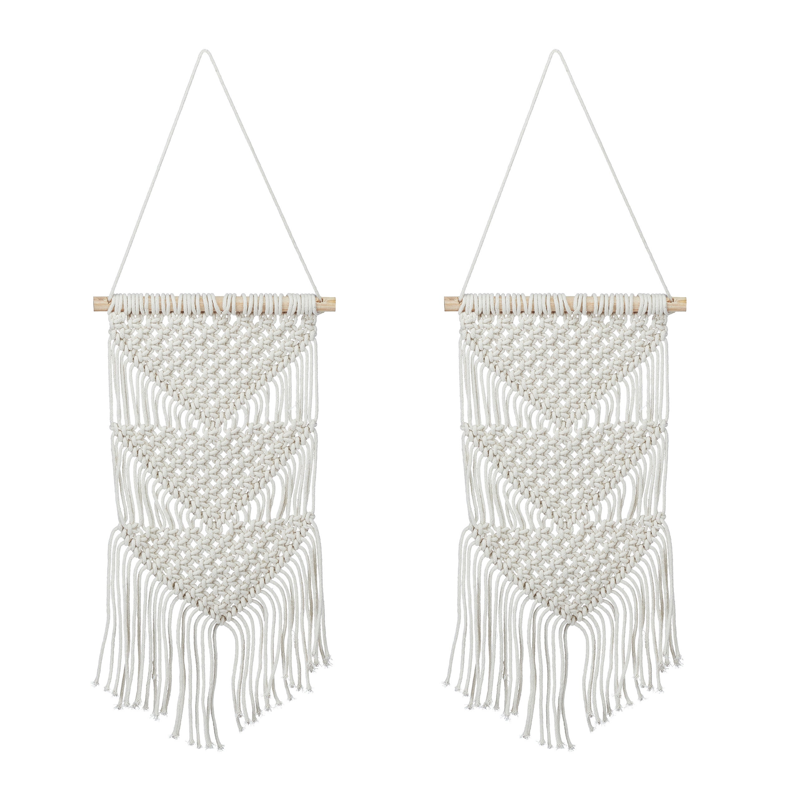 Set 2 tapices macramé pared hechos a mano, adorno textil colgante estilo boho, 70 x 25,5 cm, algodón y madera, crema
