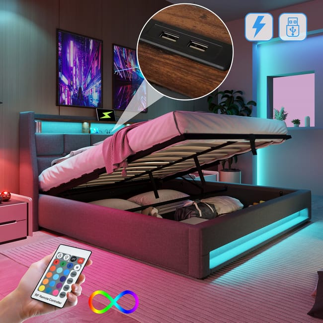 Cama tapizada 140 x 200 cm con USB y LED,camas matrimoniales con somier ...