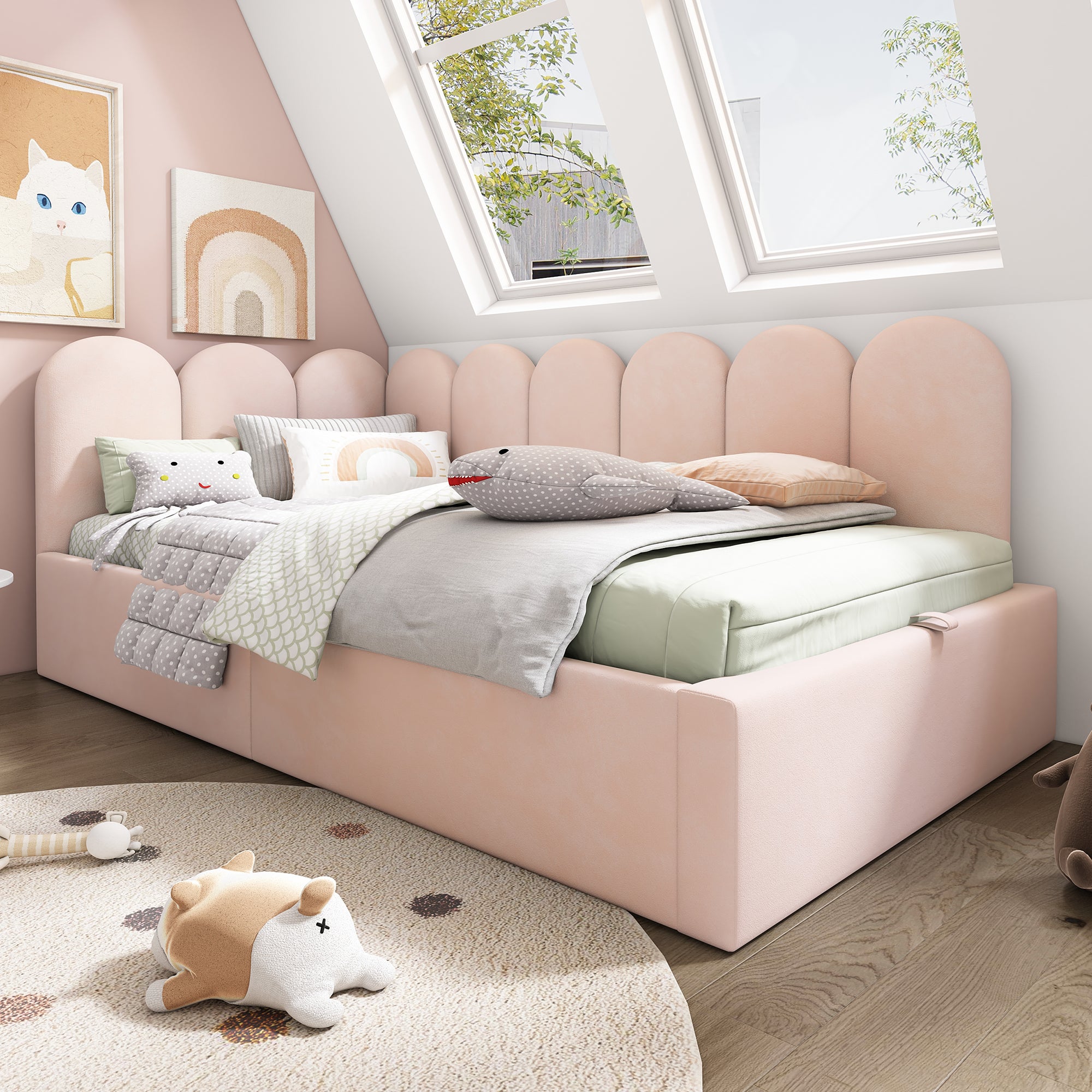 Łóżko ze schowkiem 90 x 190 cm z wezgłowiem i oparciem, sofa rozkładana - Aksamit - Stelaż metalowy - Różowy (bez materaca) - 4