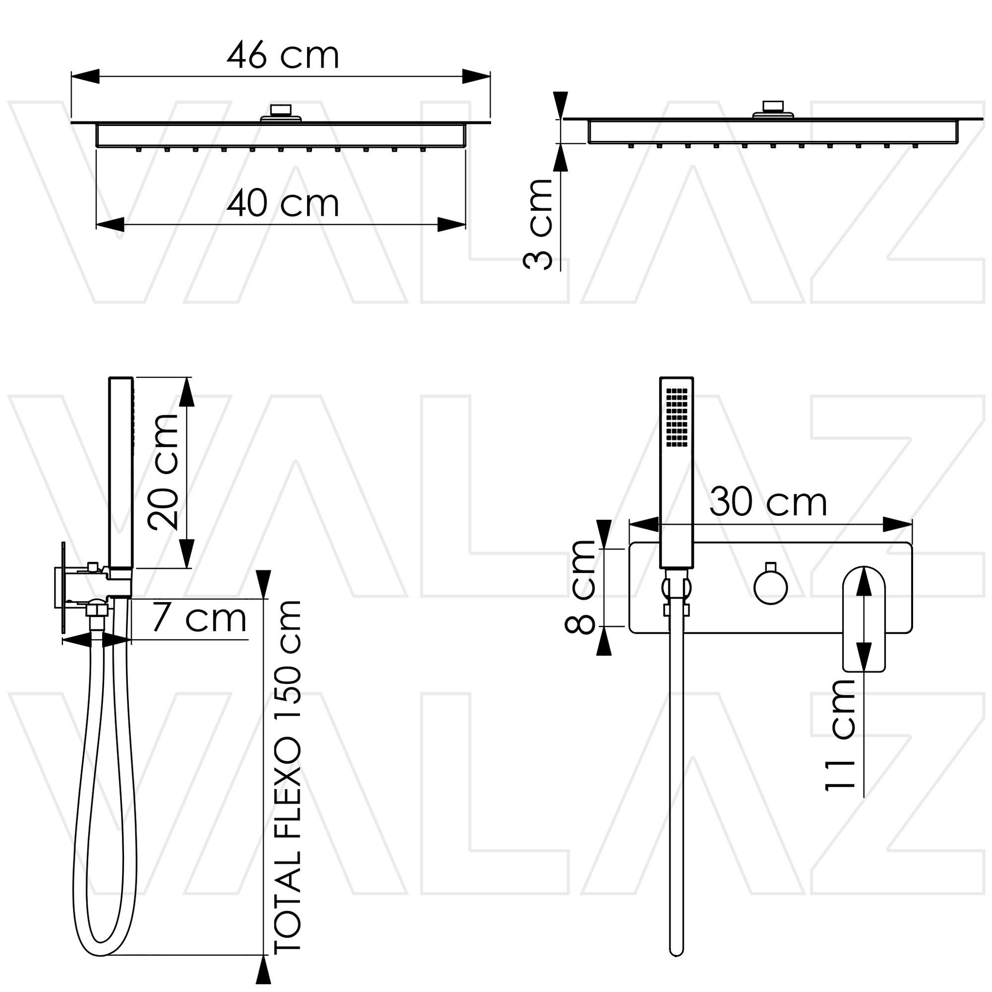 Valaz Mitigeur de douche carré chromé à encastrer - Série Miño - 40 cm - 2