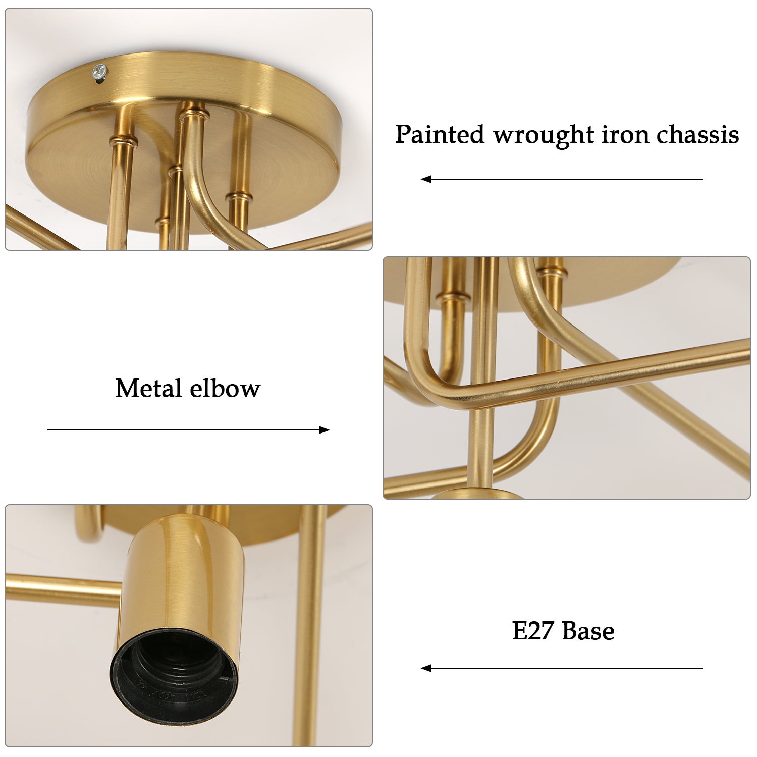 GOECO Plafonnier Métal Doré 5 Douilles E27, Design Industriel Rétro, Lampe Plafond Sans Ampoules Pour Salon Cuisine Chambre - 9