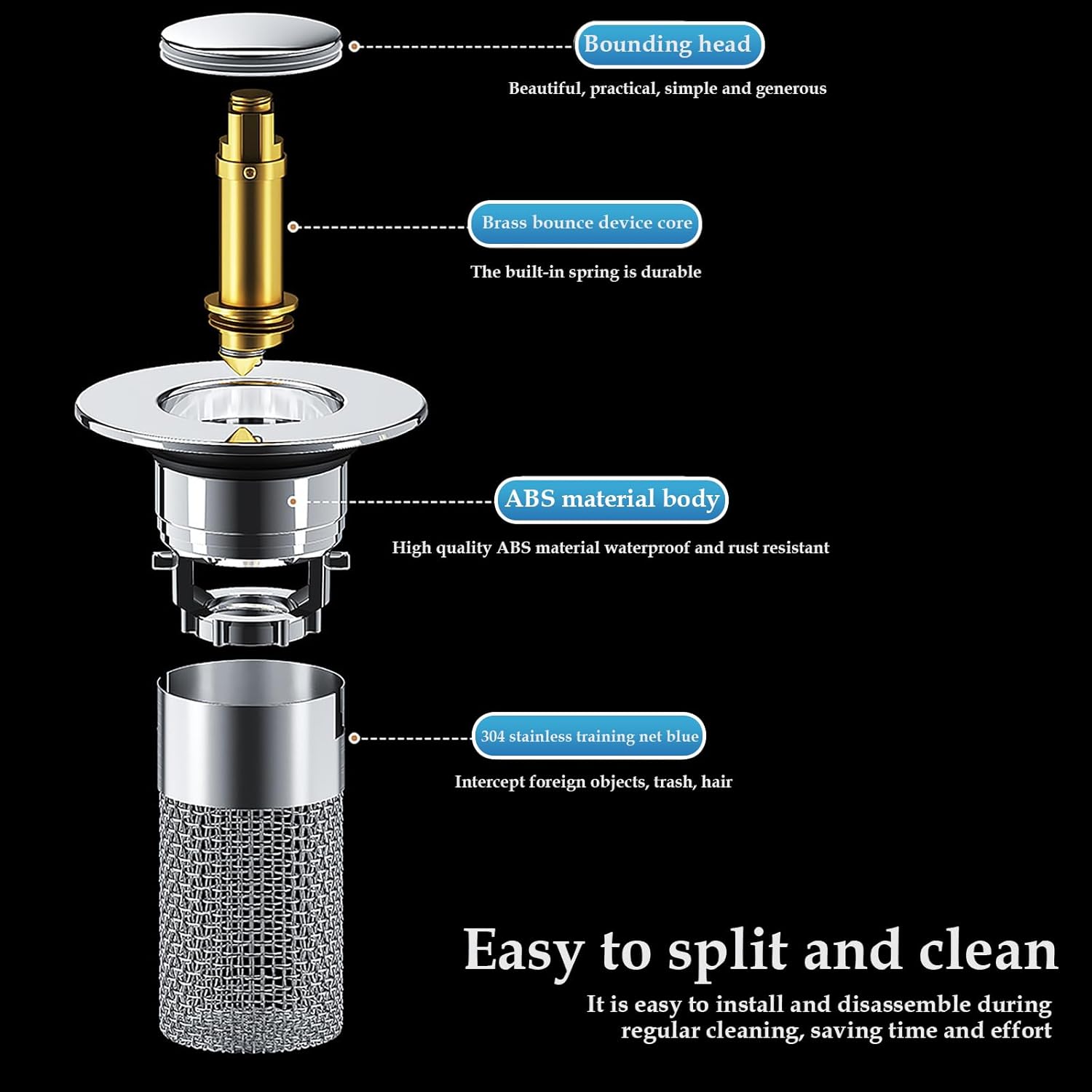 Lot de 2 Bouchons de Vidange Pop-Up 34-40mm - Acier Inoxydable 304, Avec Filtre Anti-Bloqué, Idéal pour Lavabo et Baignoire - 3