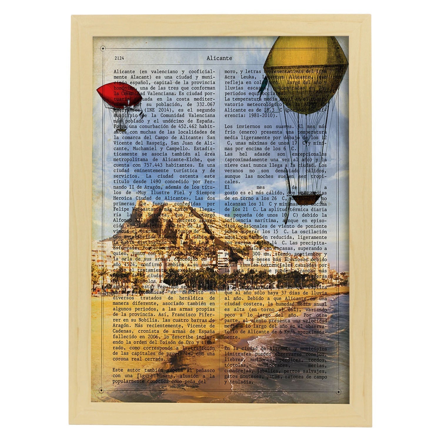 Lamina ciudad de alicante. estilo vintage. ilustracion, fotografia y collage con la historia de alicante. marco blanco - a3